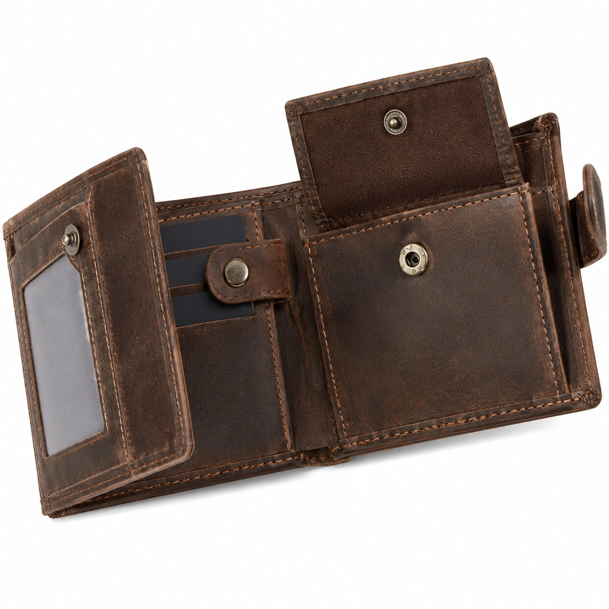 Portefeuille 12 x 10 x 2 cm en cuir marron à rabat pression