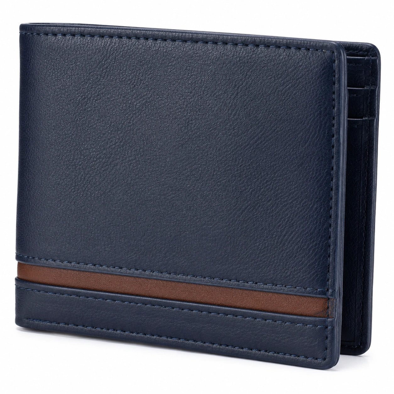 Portefeuille homme 12 cm x 9 cm en cuir synthétique bleu marine et marron pliant