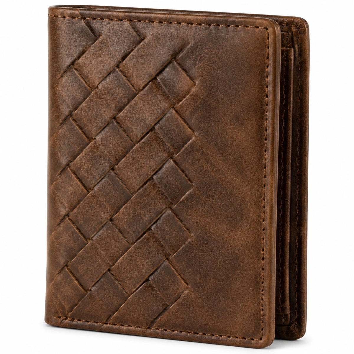 Portefeuille pliant 11 x 9 x 2 cm en similicuir marron tressé pour cartes et billets