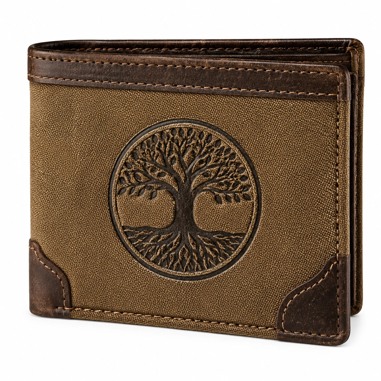 Portefeuille 12 x 9 x 2 cm en similicuir marron/kaki pliant à motif arbre