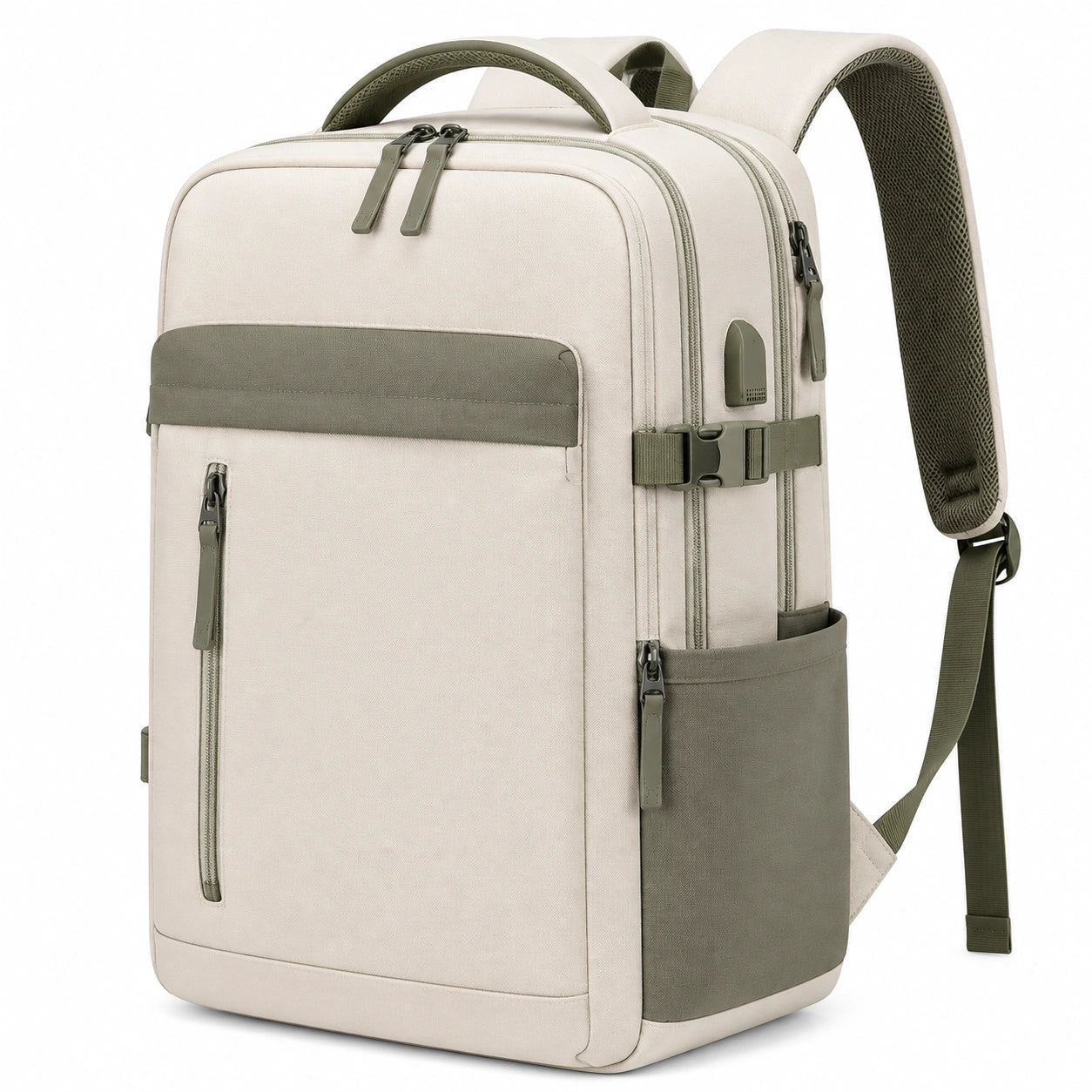 Sac à dos 30 x 18 x 45 cm en tissu beige et vert kaki à compartiments pour travail et études