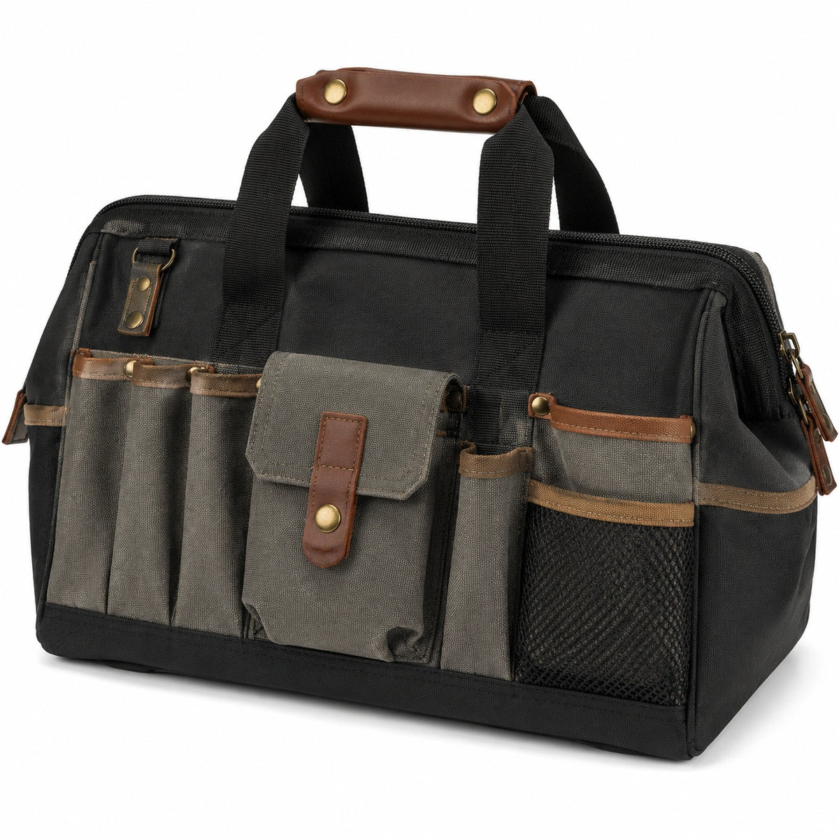 Sac à outils 40 x 20 x 28 cm en tissu noir et kaki avec finitions marron rangement portable