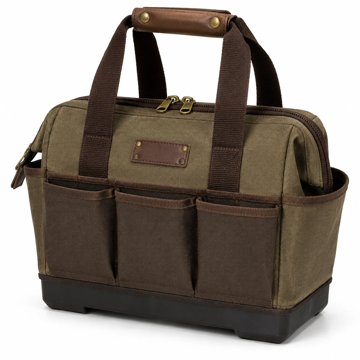 Sac de rangement 40 x 20 x 30 cm en toile vert kaki et marron avec poches - transport d'outils
