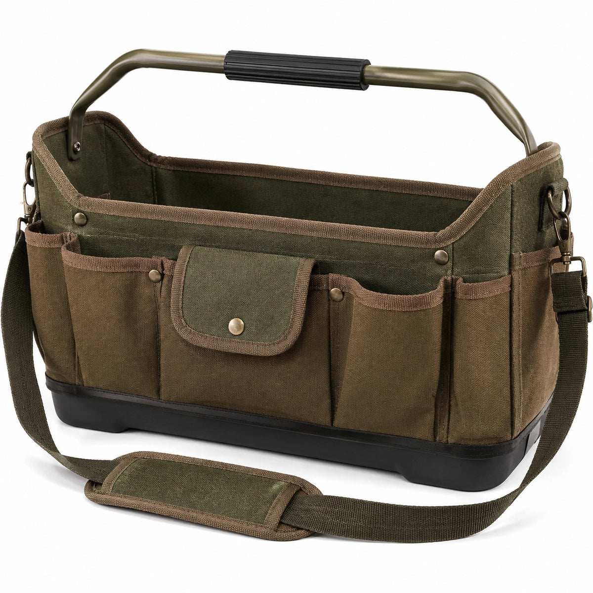 Sac à outils 40 x 20 x 30 cm en toile vert kaki avec armature métallique et bandoulière