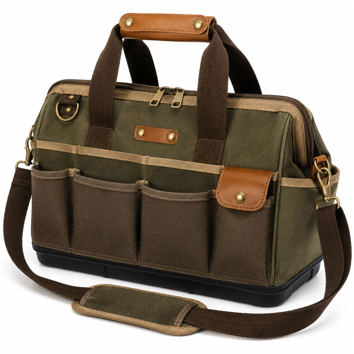 Sac à outils 40 cm en toile vert kaki et marron avec bandoulière