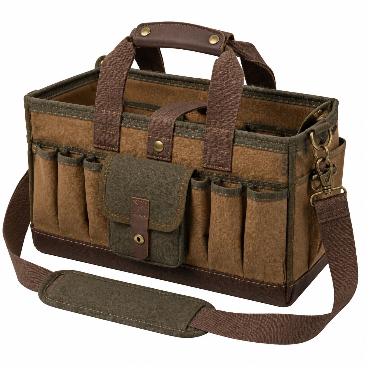 Sac à outils 42 x 20 x 30 cm en toile marron kaki à bandoulière multi-poches