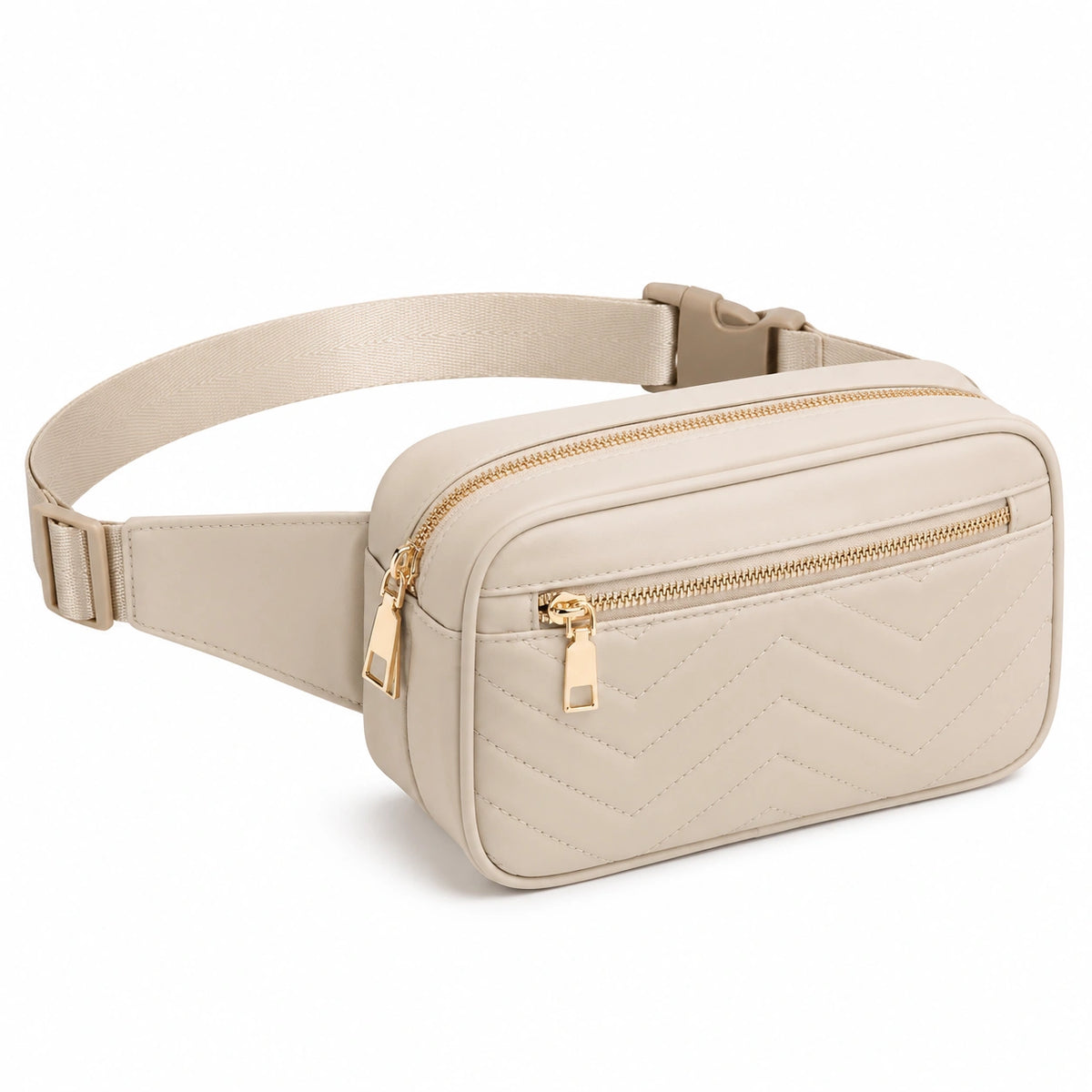 Sac banane 24 x 7 x 15 cm beige en similicuir matelassé à fermeture zippée