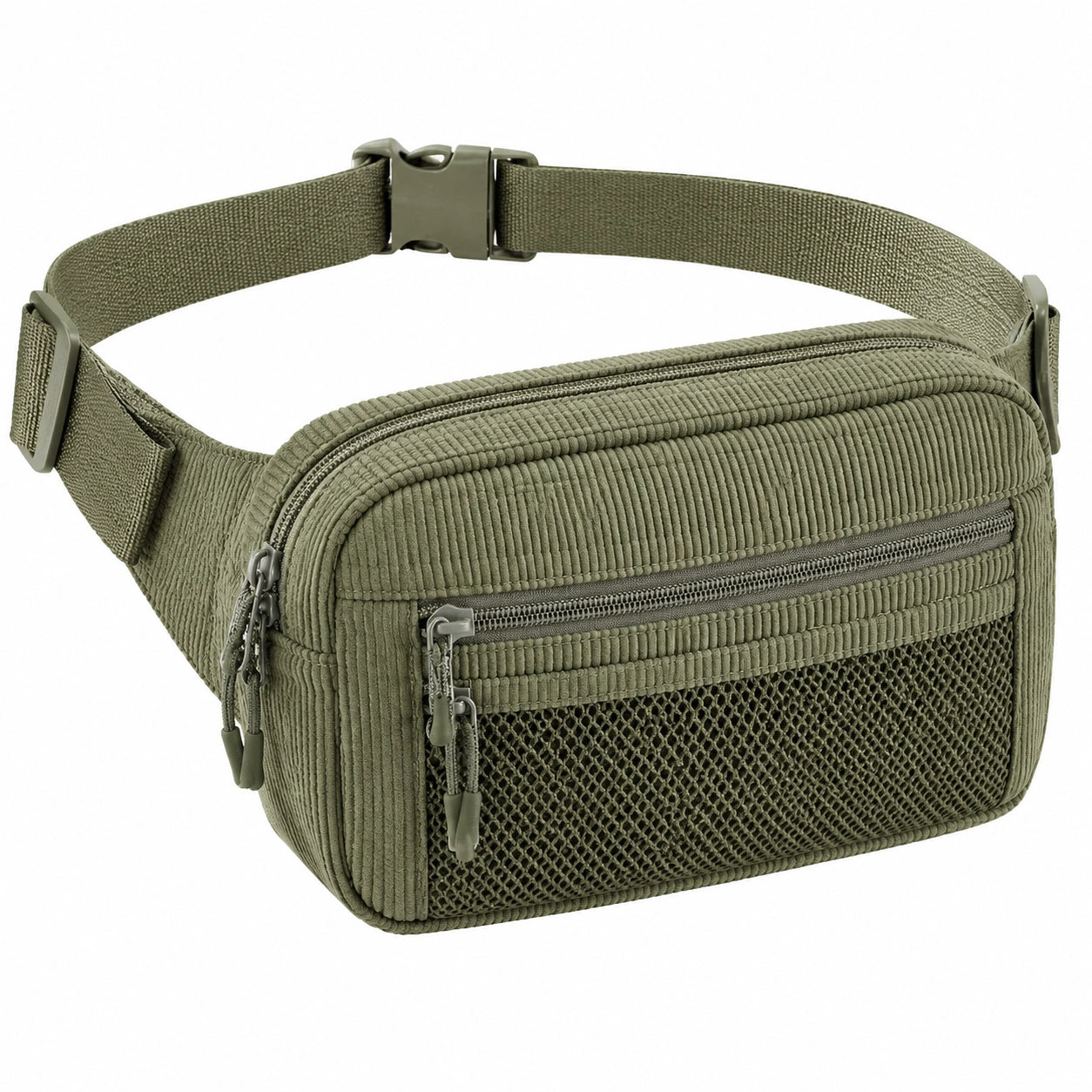 Sac banane 22 x 14 x 7 cm en polyester vert kaki avec poches zippées