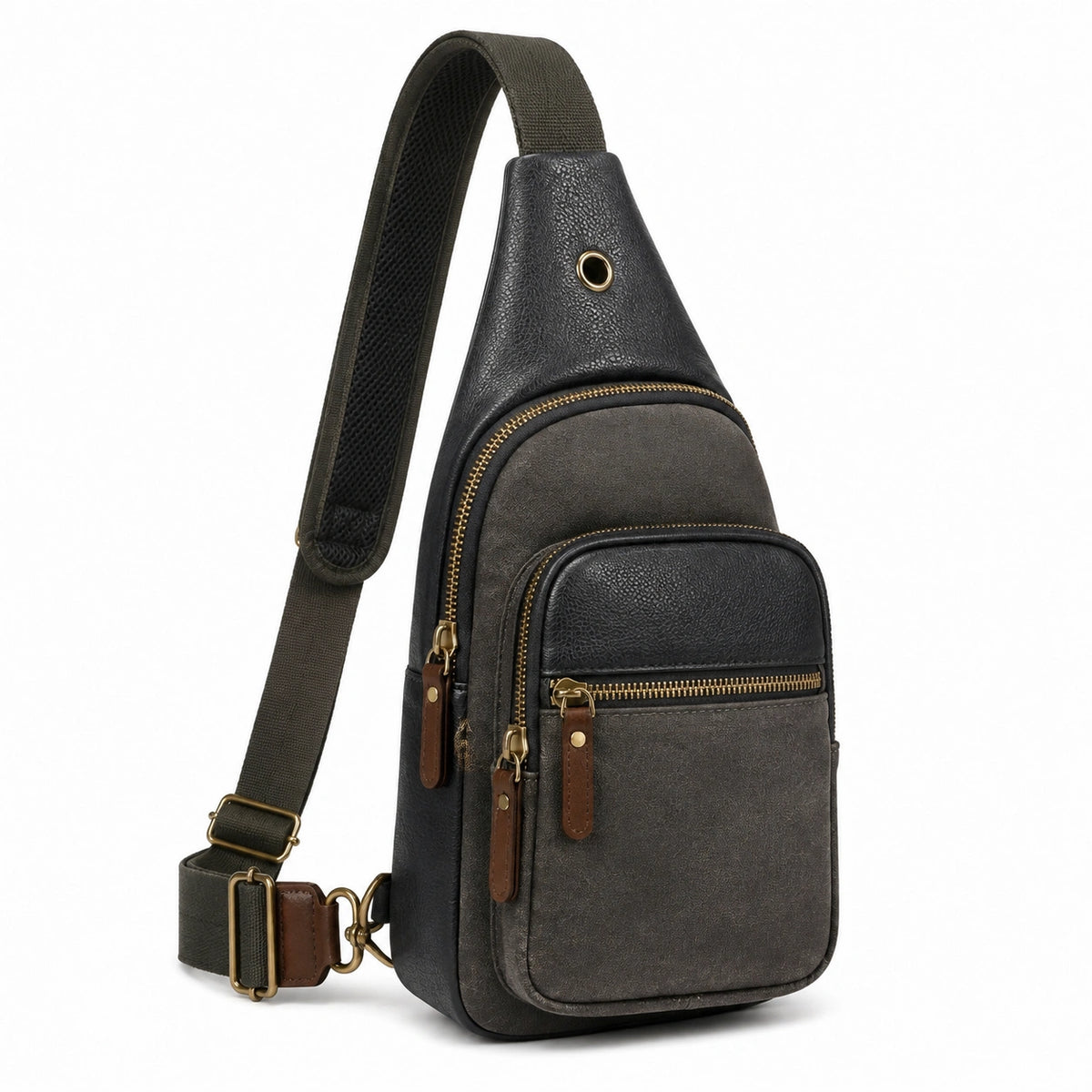 Sac à bandoulière 18 x 8 x 32 cm en similicuir noir et kaki avec poches zippées