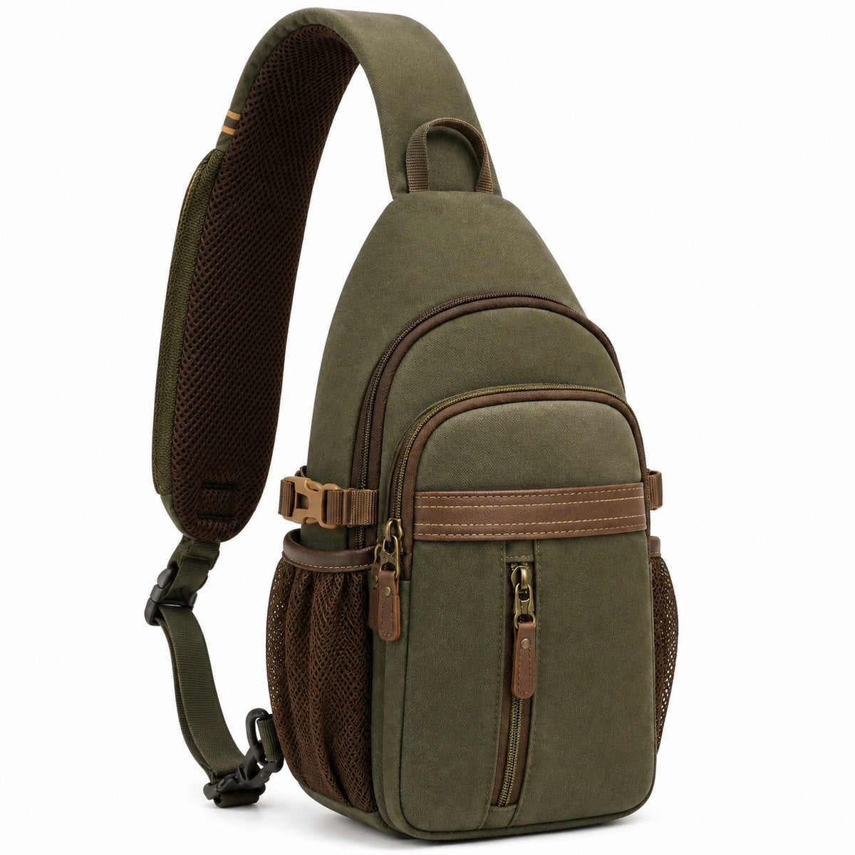 Sac à dos bandoulière 18 x 10 x 32 cm en polyester vert kaki pour rangement quotidien avec poches zippées