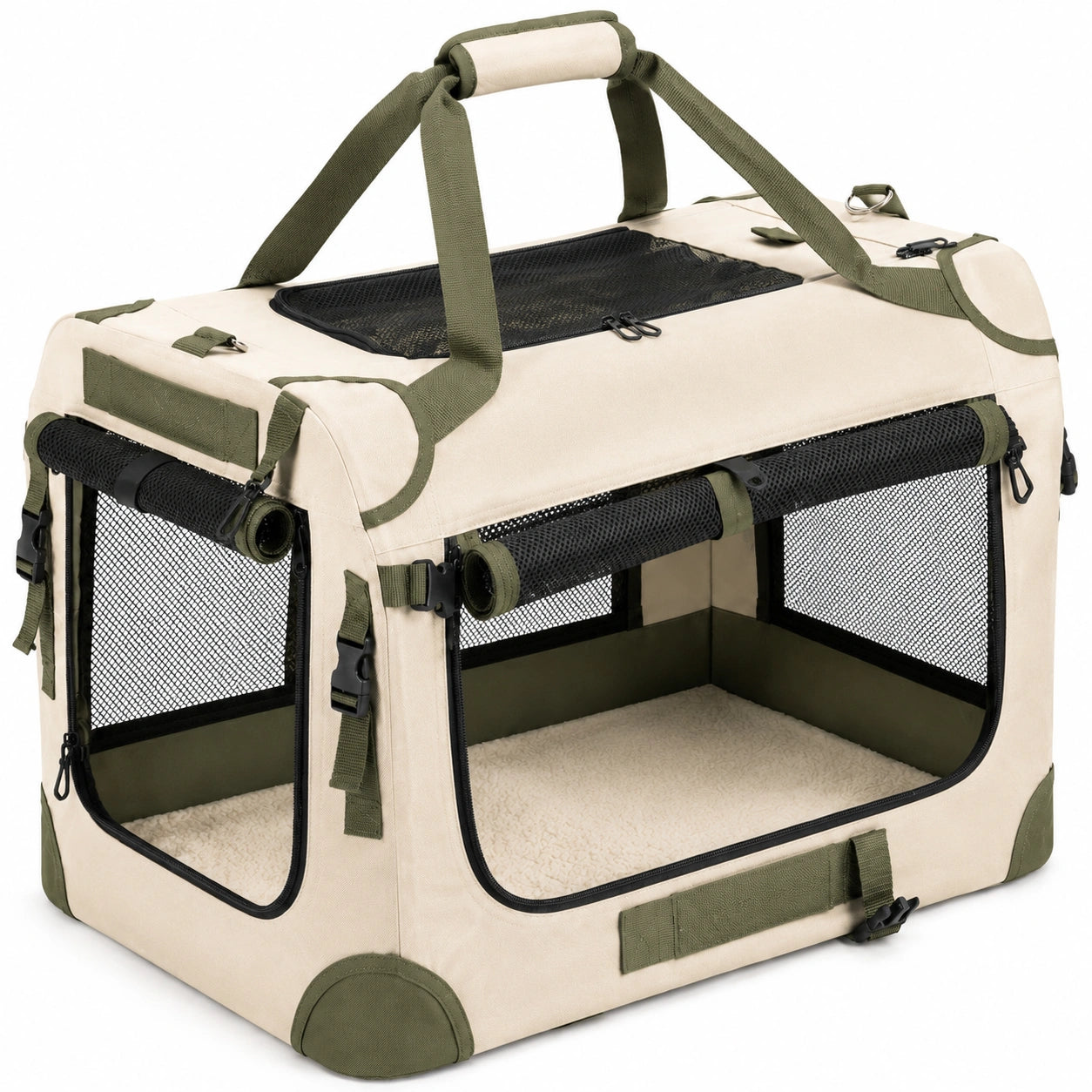 Cage de transport pliable 60 x 42 x 42 cm en polyester beige et vert pour animaux avec panneaux en maille