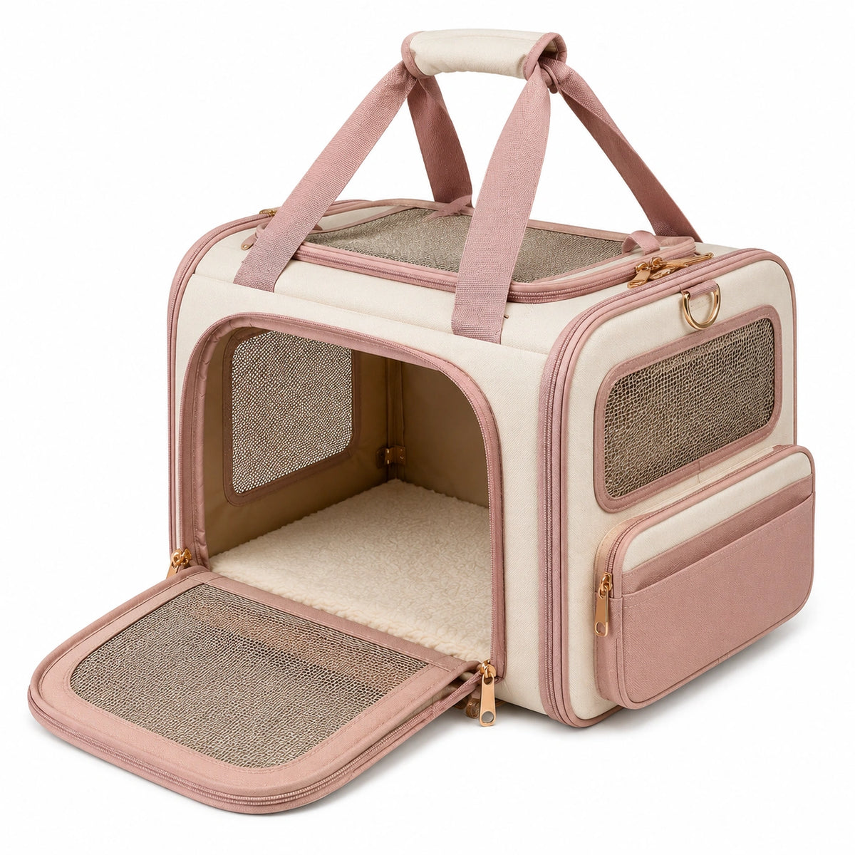 Sac de transport pour animaux 43 x 28 x 28 cm en polyester rose et beige avec maille respirante