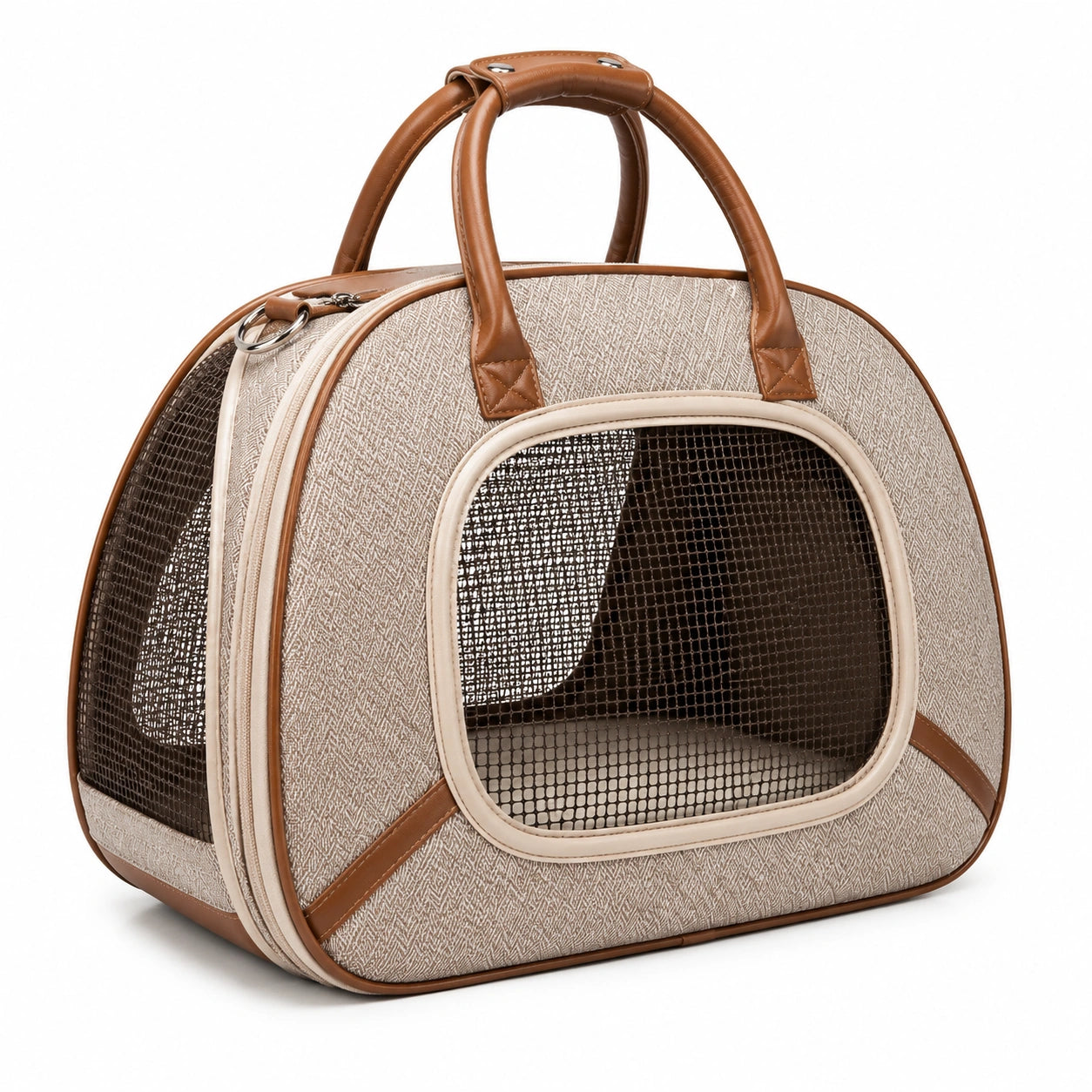 Sac de transport pour animal 45 cm en textile beige et marron avec maille aérée