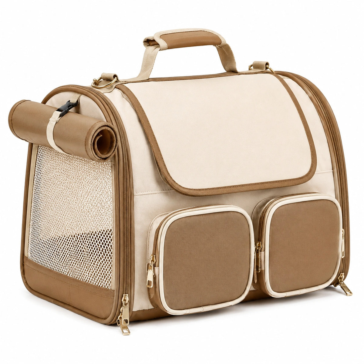 Sac de transport pour animaux 45 x 28 x 30 cm en polyester beige et marron avec panneaux en maille