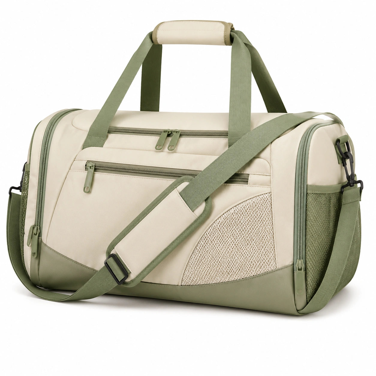 Sac de voyage 50 x 25 x 28 cm en polyester beige et vert avec bandoulière réglable