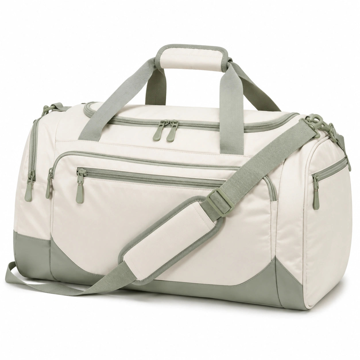 Sac de voyage 50 x 25 x 28 cm en textile synthétique beige et vert avec bandoulière réglable