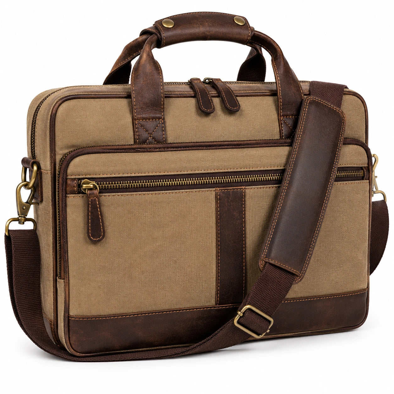 Sacoche ordinateur 40 x 30 x 10 cm en toile beige et similicuir marron style vintage avec bandoulière