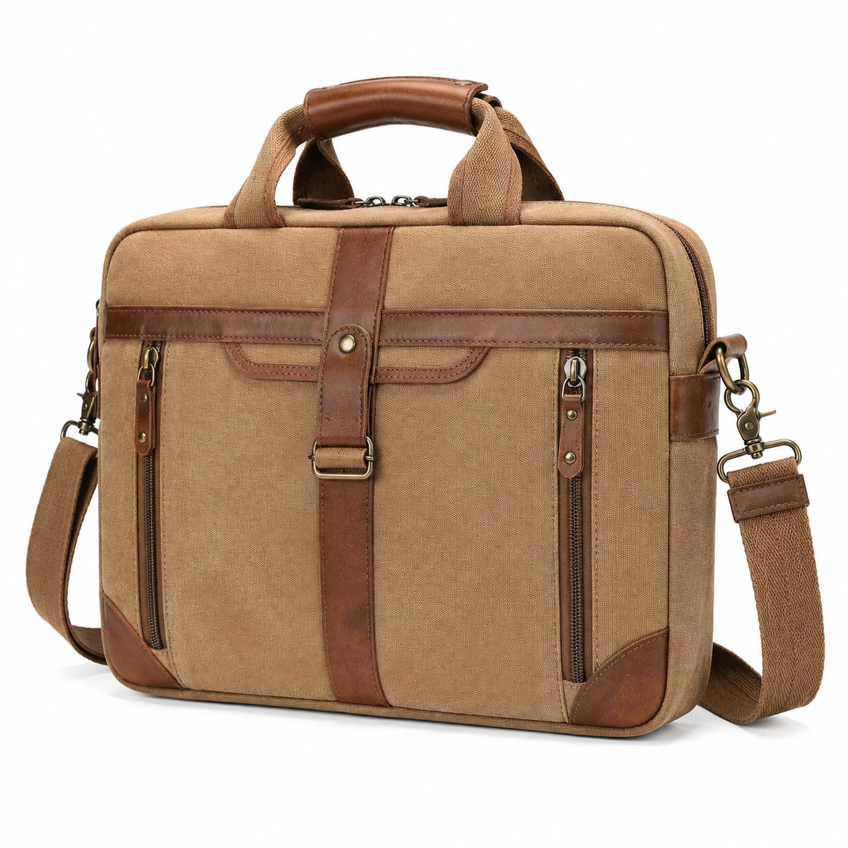 Sacoche ordinateur 40 x 30 x 10 cm en toile beige et marron avec bandoulière amovible