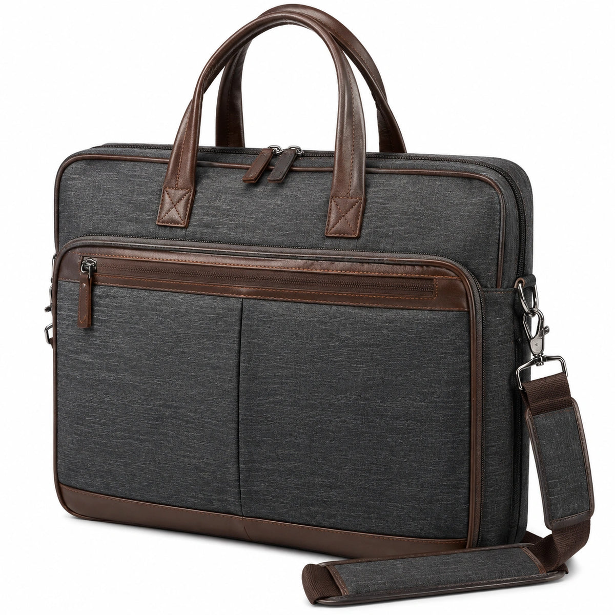Sacoche ordinateur portable 40 cm en tissu synthétique gris foncé et simili cuir marron avec bandoulière