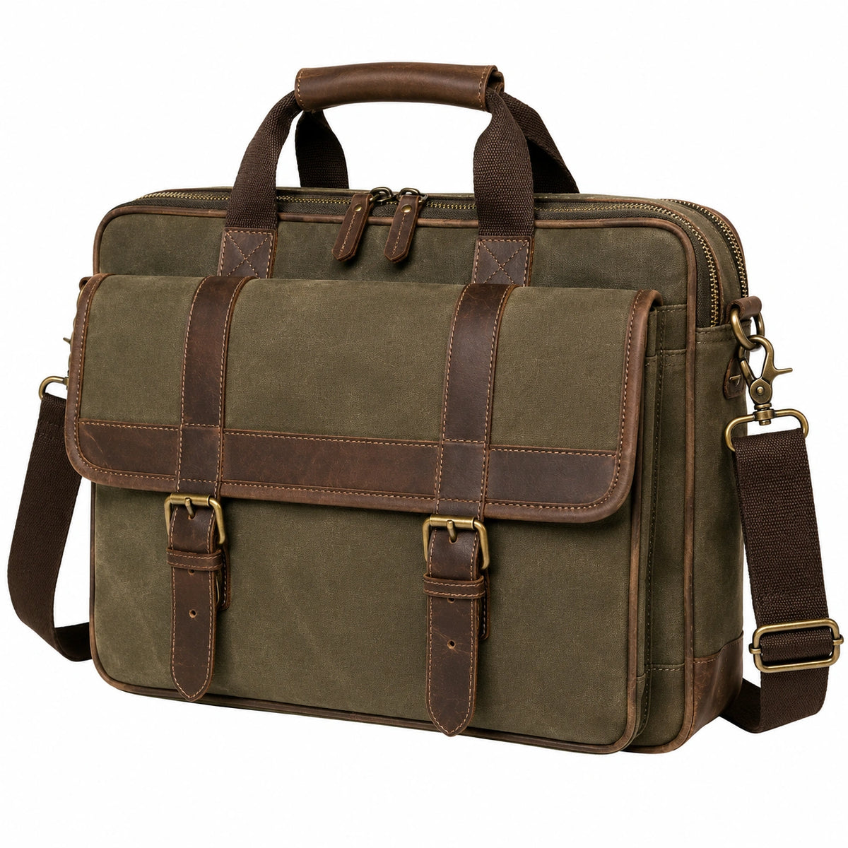 Sacoche pour ordinateur portable 42 x 30 x 12 cm en toile vert kaki et similicuir marron style vintage
